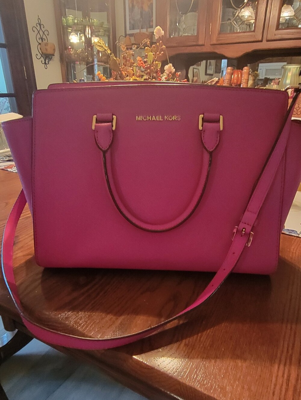 Michael Kors Fuchsia Saffiano Leather Satchel with Gold Hardware